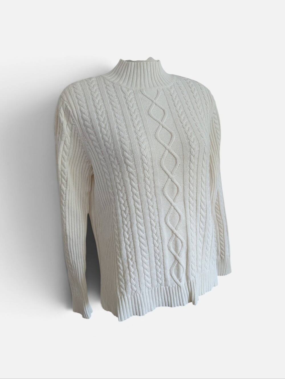 Chaps Women's Cream Cable Knit Sweater Size Large Nordic Mock Neck Knit Sweater